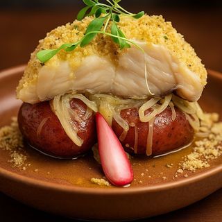 Bacalhau com broa de focaccia e Batata Ao Murro
