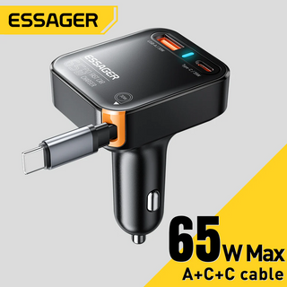 ESSAGER Yttrium est un chargeur de voiture télescopique Type-C de 65 W avec câble A et C.