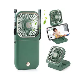 Ventilateur Portable Pliable 5 en 1 avec Power Bank 3000mAh, Support Téléphone et Tour de Cou  Vert