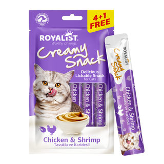 Royalist Creamy Snack Chicken & Shrimp — კრემისებრი სასუსნავი კატებისთვის ქათმისა და კრევეტის არომატით, 75 გ (5 × 15 გ)