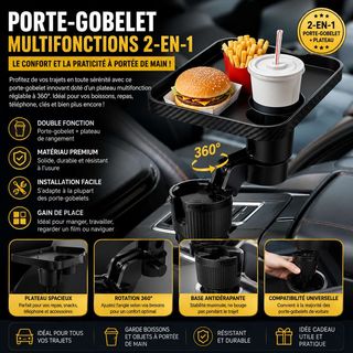 Porte-Gobelet Multifonction 2-en-1 pour Voiture – Plateau Rotatif 360°