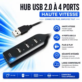 Hub USB 2.0 à 4 Ports – Connectez Plus, Travaillez Mieux