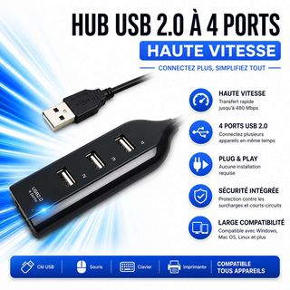 Hub USB 2.0 à 4 Ports – Connectez Plus, Travaillez Mieux