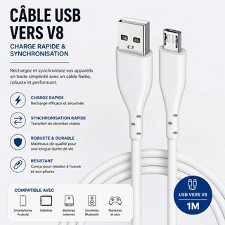 Câble USB vers V8 – Charge Rapide & Synchronisation