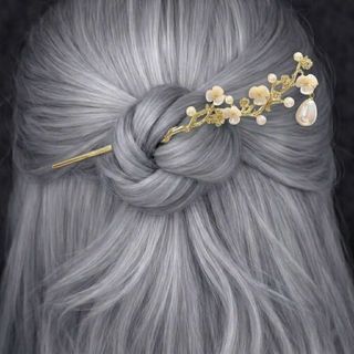 Zlatni metalni štapić za kosu sa bisernim cvjetovima i detaljem kapi