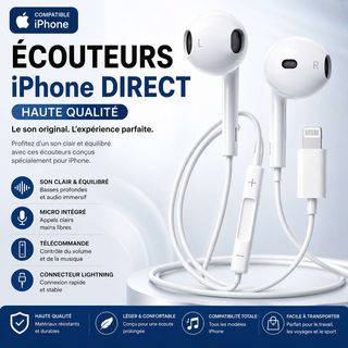 Écouteurs Lightning pour iPhone d'Apple, blancs