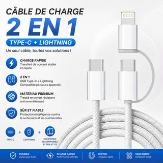 Câble de charge 2 en 1 / Type-C + Lightning