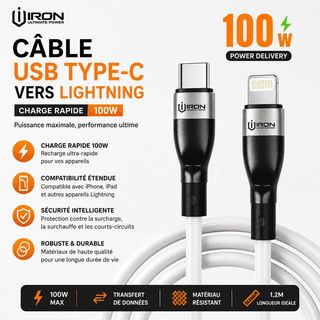 Cable USB Type-C vers Lightning 100 W – Charge rapide 6 A & Transfert de données