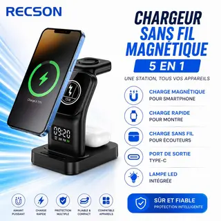 Chargeur Sans Fil Magnétique 5 en 1 – Station Rapide et Multifonction
