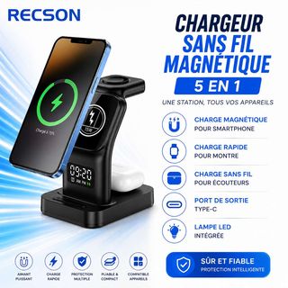 Chargeur Sans Fil Magnétique 5 en 1 – Station Rapide et Multifonction