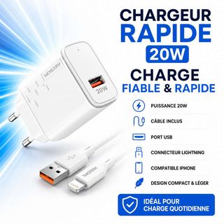 Chargeur rapide iPhone 20W avec câble Lightning