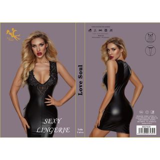 Vestido sexy de color negro, encaje y cuerina