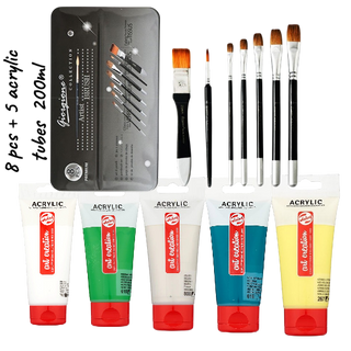 kit de 8 pcs pinceaux + 5 tubes de acrylic (vert emeraude+jaune azo citron+blanc de titane+silver+vert clair)+