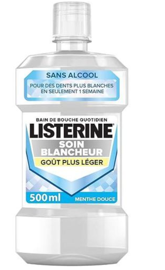 Listerine Soin Blancheur Bain de Bouche Goût Plus Léger Menthe Douce Sans Alcool – 500 ml