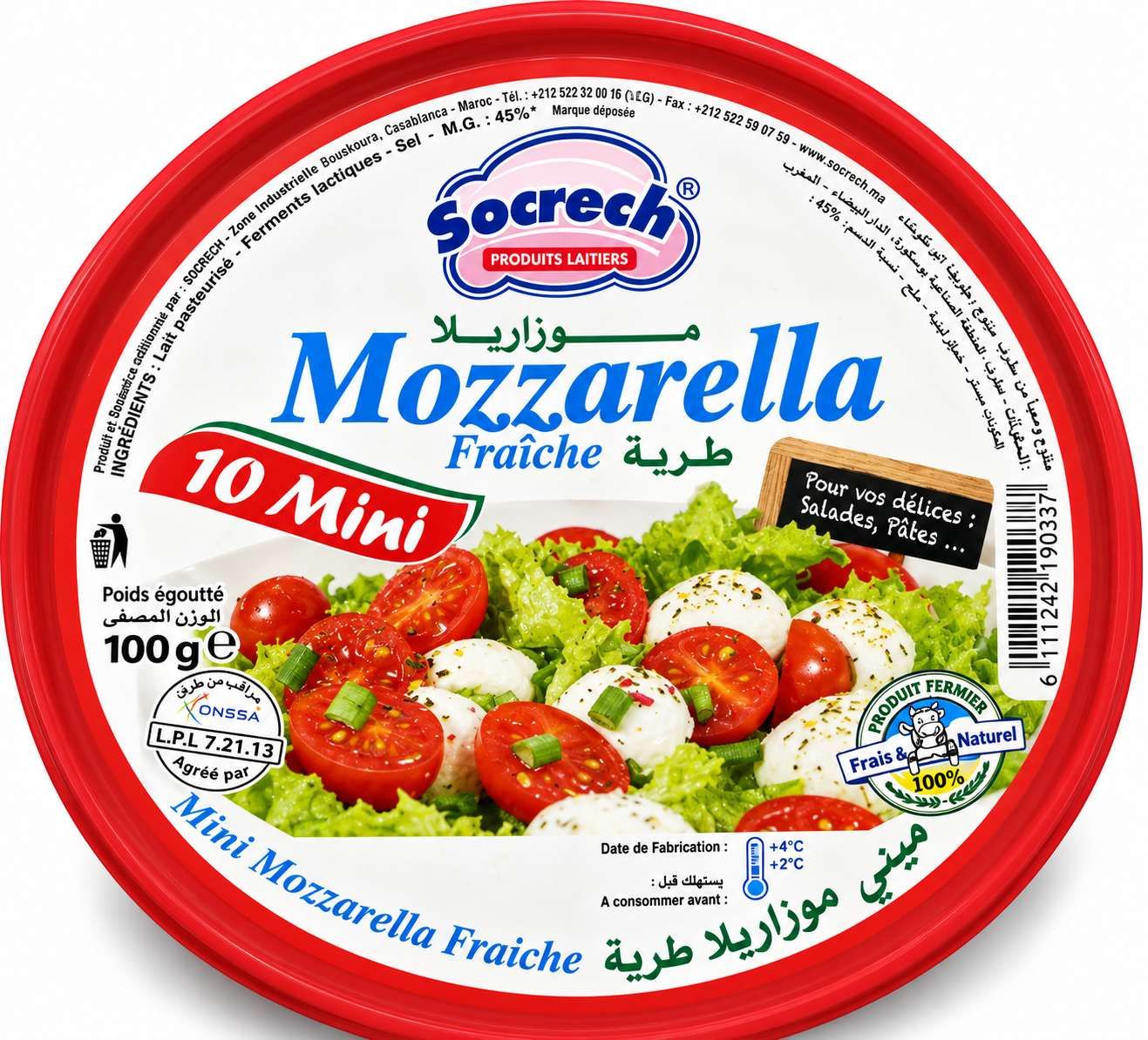 Socrech Mini Mozzarella Fraîche – 10 Mini (100 g égoutté)
