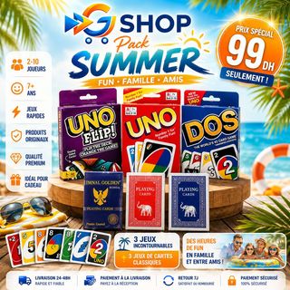 Pack Summer Jeux de Cartes UNO, UNO Flip, DOS, Rami & Cartes Classiques