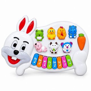 Jouet Musical Bébé en Forme de Lapin, Piano Éducatif 8 Touches, Sons de 6 Animaux, Lumière, Jeu d’Éveil pour Enfants 3+