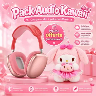 Pack Audio Kawaii – Casque Bluetooth + Peluche Offerte