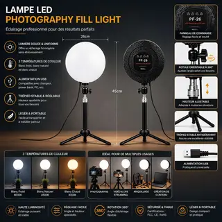 Lampe Led Ronde Pf-26 5700k Pour Photo & Vidéo