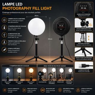 Lampe Led Ronde Pf-26 5700k Pour Photo & Vidéo