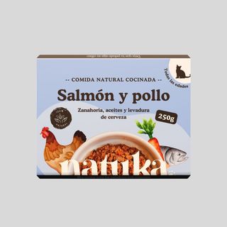 Menú Cocinado de Salmón y Pollo para gato – 250 g