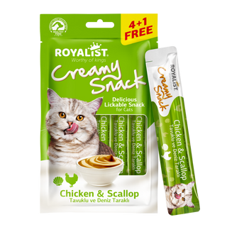 Royalist Creamy Snack Chicken & Scallop — კრემისებრი სასუსნავი კატებისთვის ქათმისა და სკალოპის არომატით, 75 გ (5 × 15 გ)