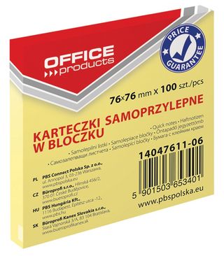 PRODUKTY BIUROWE Jasnożółta podkładka samoprzylepna, 76x76 mm