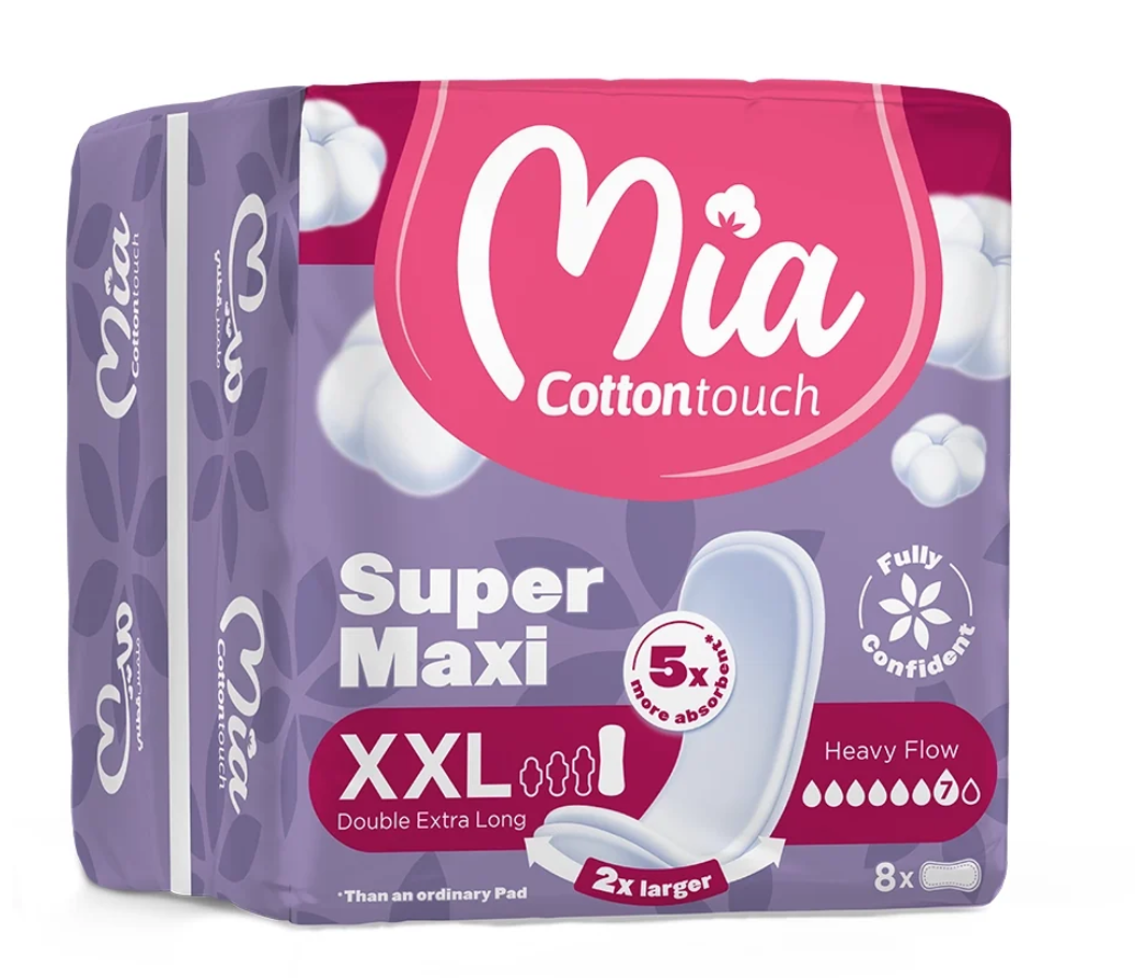 Mia Cottontouch Serviettes Hygiéniques Super Maxi Double Extra Long (XXL) – 8 Serviettes