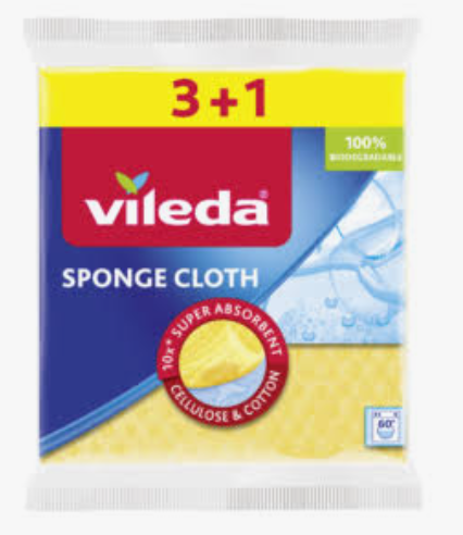 Vileda Lavettes Éponge Cellulose & Coton – 4 Pièces