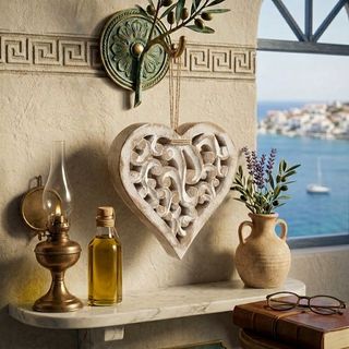 Ručno rađeni antikni duborezni ukras za zid u obliku srca (Barokni stil)