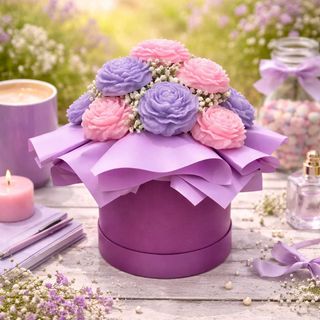 Aranžman ružičastih i ljubičastih svijeća u obliku ruža u premium ljubičastoj cilindričnoj kutiji