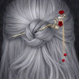 Zlatni metalni štapić za kosu sa crvenim cvjetovima, biserima i visuljkom