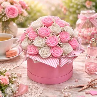 Aranžman ružičastih i bijelih svijeća u obliku ruža u premium ružičastoj cilindričnoj kutiji