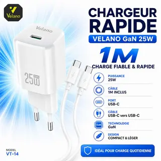 Chargeur rapide Velano GaN 25W avec câble Type-C 1m
