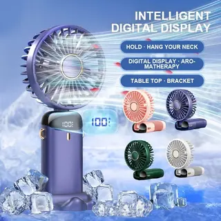 Ventilateur Portable 3-en-1 Rechargeable avec Écran LED – À Main, Tour de Cou et Support de Bureau