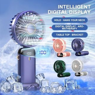 Ventilateur Portable 3-en-1 Rechargeable avec Écran LED – À Main, Tour de Cou et Support de Bureau