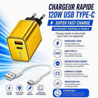 Chargeur Double Port Avec Cable Type-c Vert Usb Super Rapide 120W