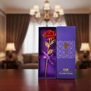 Crvena folija ruža sa zlatnom stabljikom u luksuznoj ljubičastoj kutiji