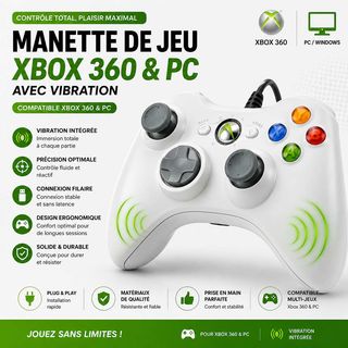 Manette de jeu Xbox 360 et PC, blanche