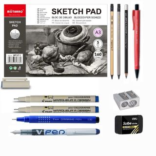 PACK COMPLET: SKETCH PAD A3, 3 CRAYON HB2/5B/3B,STYLO CRAYON GEL, GOMME,TAILLE CRAYON,STYLO A PLUME, 3 STYLO FEUTRES CALIGRAPHE 02/01/02