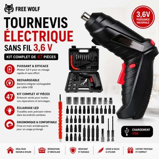 Tournevis électrique rechargeable Free Wolf, 47 pièces