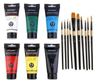 6 peintures acryliques Couleurs primaires+ 10 pinceaux