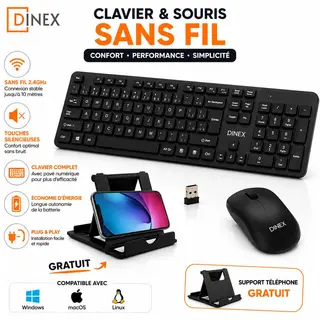 Pack DINEX Clavier & Souris Sans Fil + Support Téléphone GRATUIT