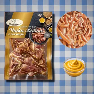 შებოლილი ღორის ყურები „მდოგვი“ 90 გ