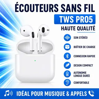 Écouteurs Bluetooth TWS Pro5 – Volume très fort