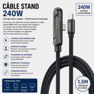 Câble Stand USB-C 240W – Charge Ultra-Rapide 1,5M