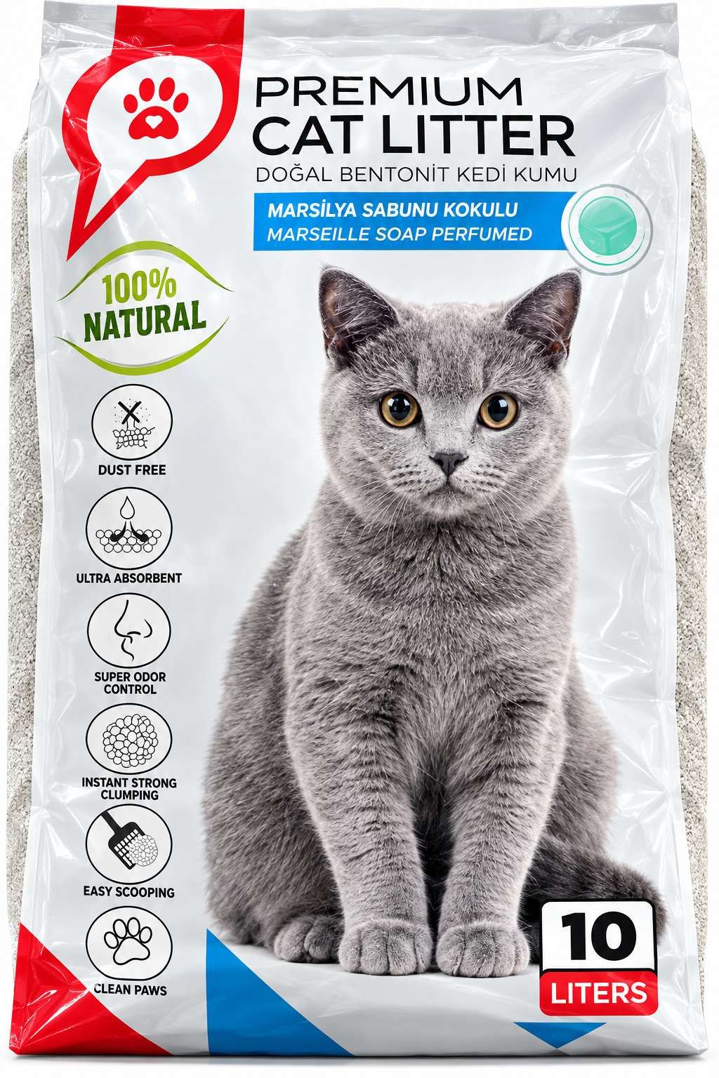 Litière pour Chat Premium Bentonite Naturelle Parfum Savon de Marseille – 10 L