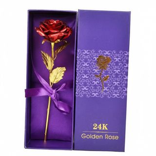 Crvena folija ruža sa zlatnom stabljikom u luksuznoj ljubičastoj kutiji