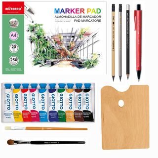 PACK COMPLET: bloc dessin A4,crayon hb2/5b/3b,stylo crayon gel, pallete bois,12 gouches pientures,un pienceau