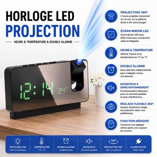 Horloge LED à Projection – Réveil Numérique avec Double Alarme